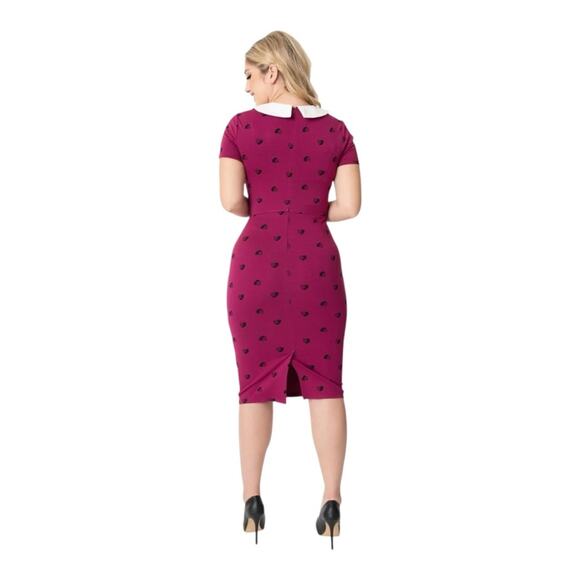Unique Vintage Berry Pink Black Cat Print Renata Pencil Dress - Picture 3 of 7